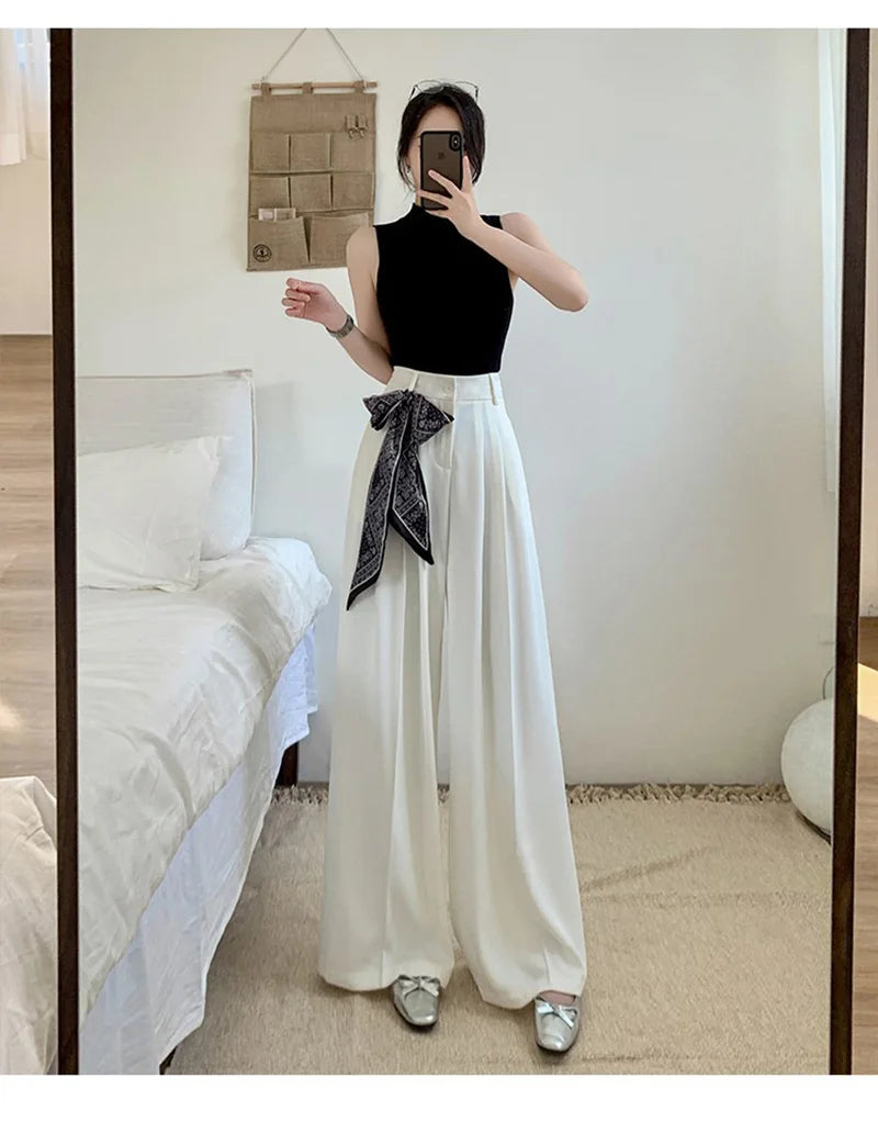 Zoki Chic Lace Up Suit Wide Leg Pant Women Elegant Loose High Waist Bow Trousers Korean Fashion Female Casual Sweet Pants New