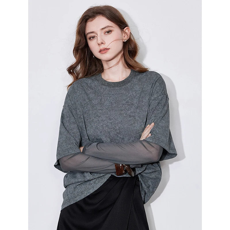 TOYOUTH Women T shirt 2025 Spring New Fake Two Piece Printed Round Neck Fashionable Pullover T shirt