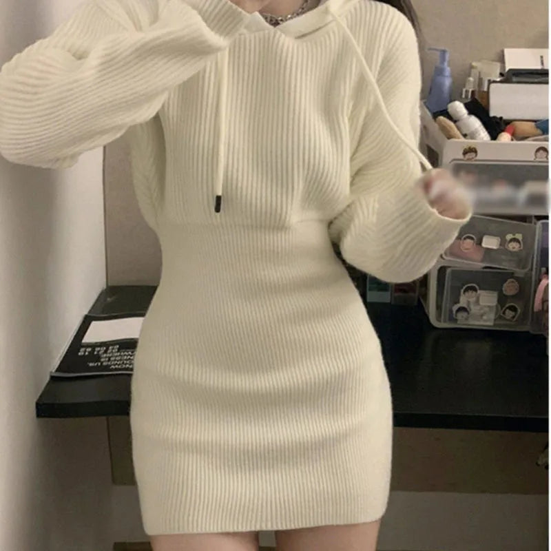 Sexy White Thicken Knit Mini Dress Woman Korean Elastic High Waist Bandage Dresses Women Hooded Outwear Long Sleeve Slim Dress