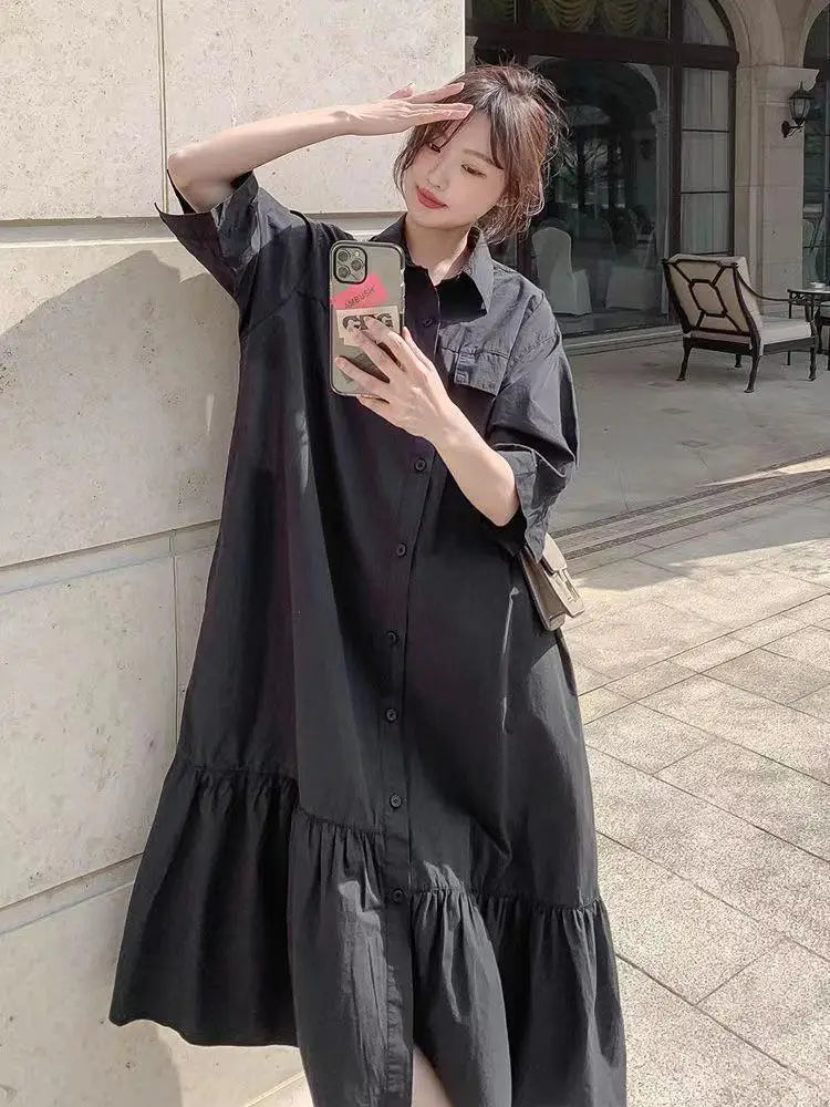 plus Size Khaki Shirt Dress Women Casual Summer Loose Fit High Waist A-Line Skirt Long Sleeve Polo Collar Polyester Fiber