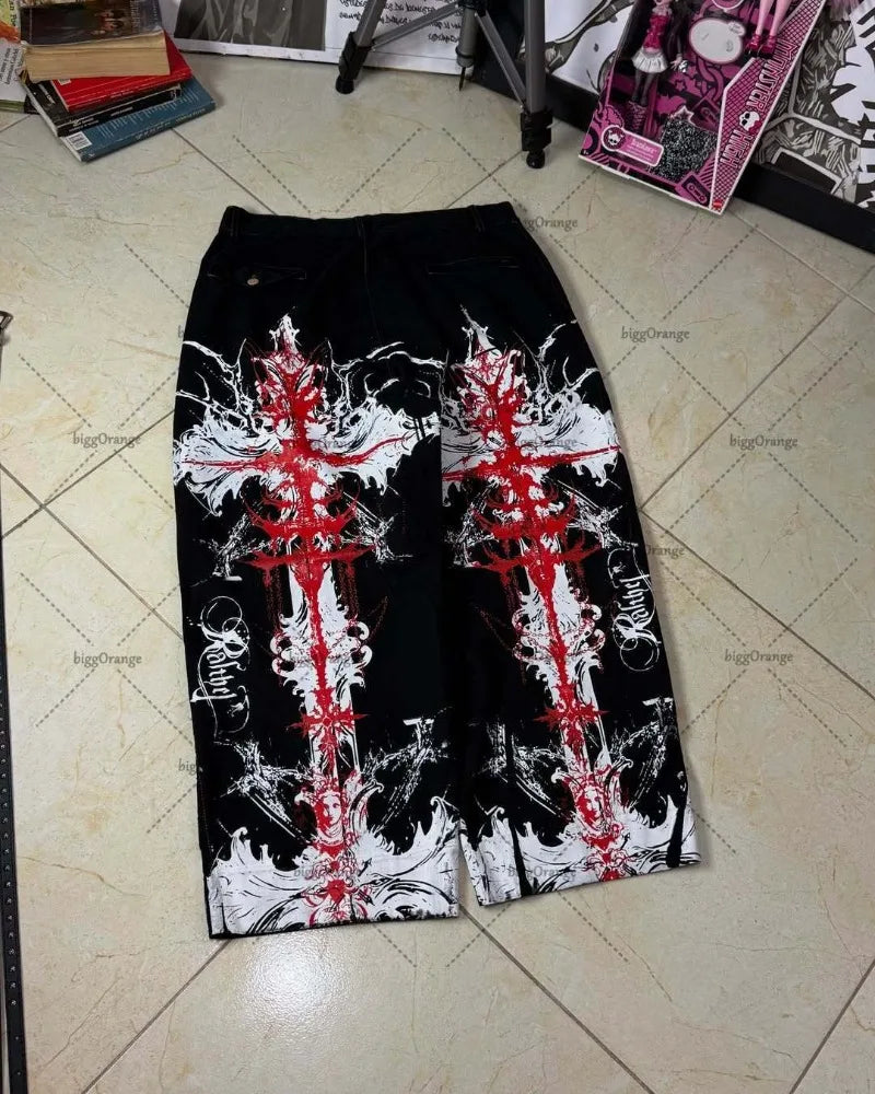 Gothic Retro Harajuku Cross Print Baggy High Waist Black Jeans Women Hip-hop Trendy Casual Wide-leg Punk Y2K Streetwear Trousers