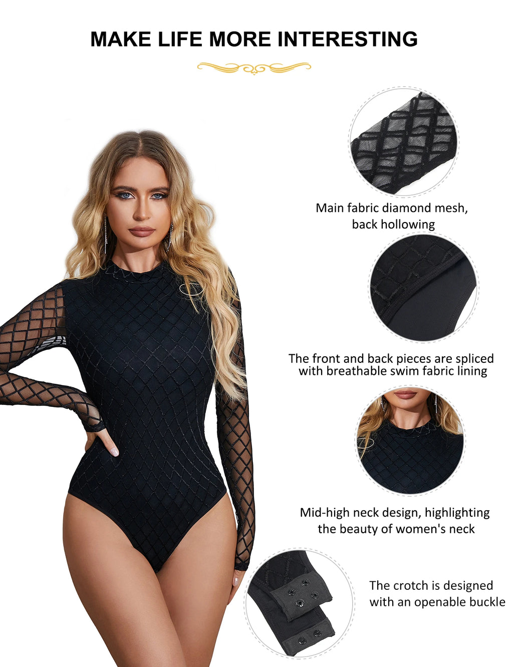 Comeondear High Quality Fashion Jumpsuit Plump Oversized Bodysuit Pajama Lady Black High Neck Leotard Lingerie Long Sleeve Teddy