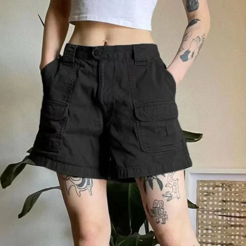 Y2k Vintage Streetwear Cargo Denim Shorts Women American Retro Harajuku Solid Loose Jeans Casual Pocket 2024 Summer Chic