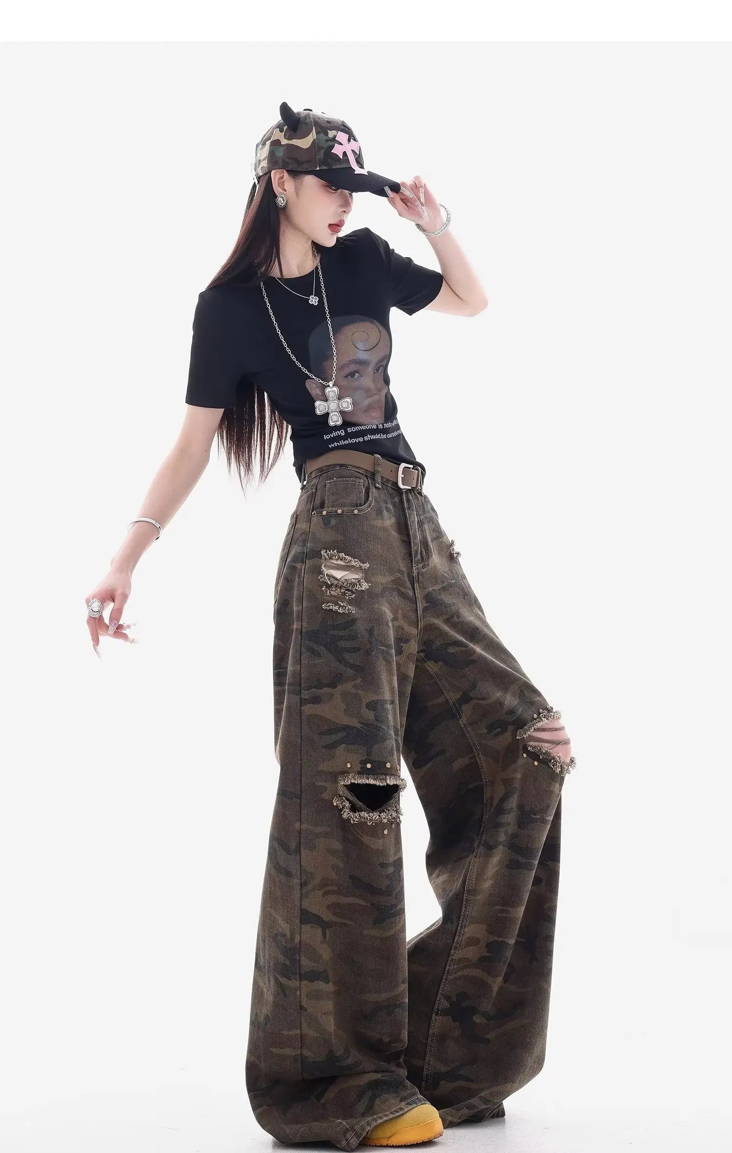 Meigao Street Ripped New Retro Loose Camouflage Ripped Jeans Women's Design Straight-Light Wide Legs