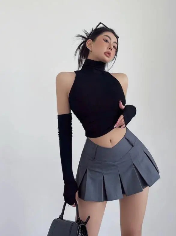 Spring Summer Top Sexy Tank Top Spicy Girl Sleeves High Neck Pleated Club Crop Top Women tshirt Skinny Streetwear Y2k Clothing