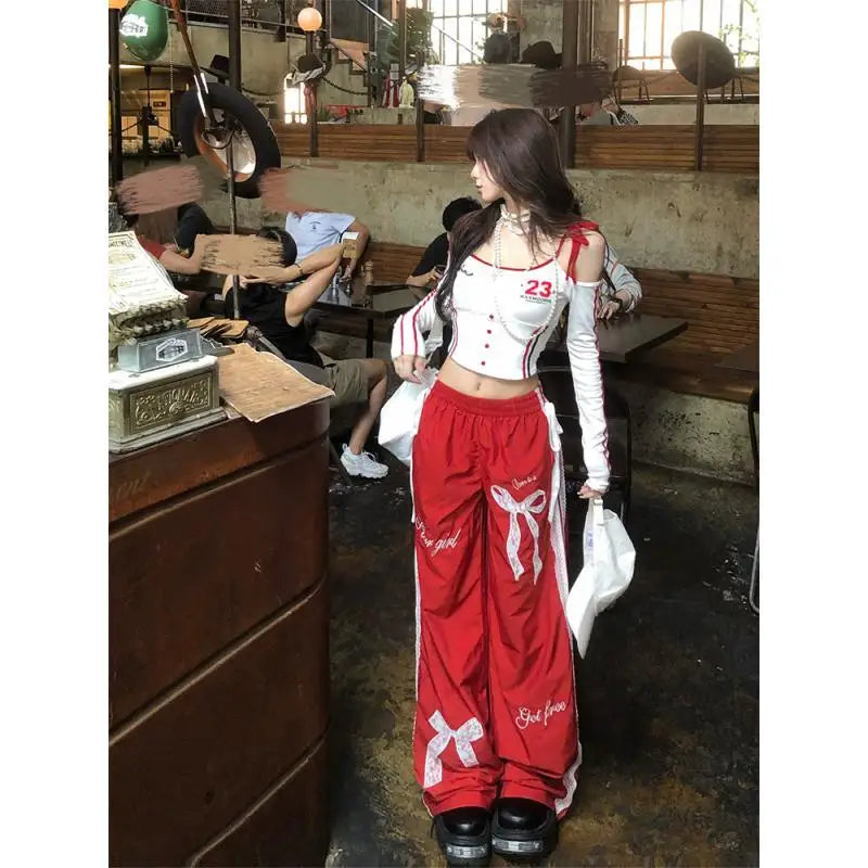 Dophee Original Spice Girls Elastic Waist All-match Loose Straight Wide Leg Pants Cute Bow Printed Splicing Lace Casual Trousers