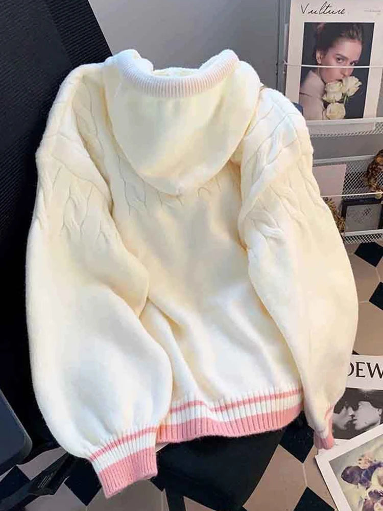 Jmprs Cute Sweet Cardigan Sweaters Women Lazy Wind White Knitted Coats Long Sleeve Loose Female Japan Kawaii Elegant Hooded Tops