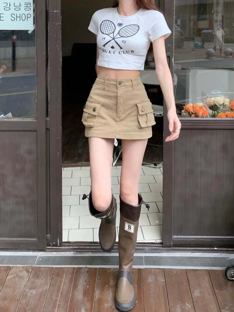 2025 new cargo khaki skirts with pocket woman streetwear clothing women's skirt korea straight skirt women high-waist A-line