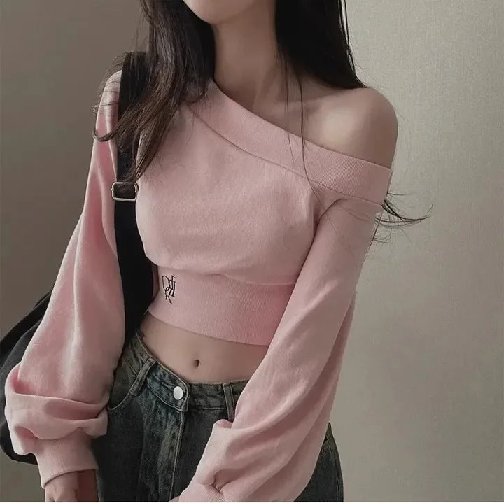 Women's Autumn Off-the-shoulder Sweatshirt Cropped Top Embroidery Loose-fit Windy Sweet Girl Hoodies Thin Material