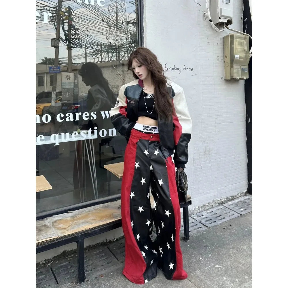2025 Fall Winter Y2K Sweet Grunge Star Print PU Leather Patchwork Jeans Women Oversized Baggy Streetwear Wide Leg Pants