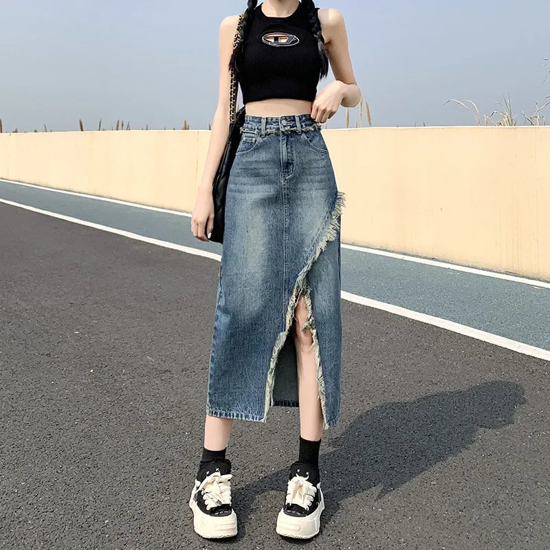 Fashionable Denim Skirt For Women High-waisted A- line Hip Covering Long Dress Casual Style Perfect For Summer 2024