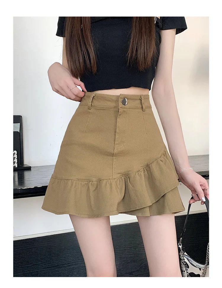 High Waist A-Line  Skirt Women's Spring Summer Denim f-length Skirts with Lace Hemline Cotton Polyester Blend