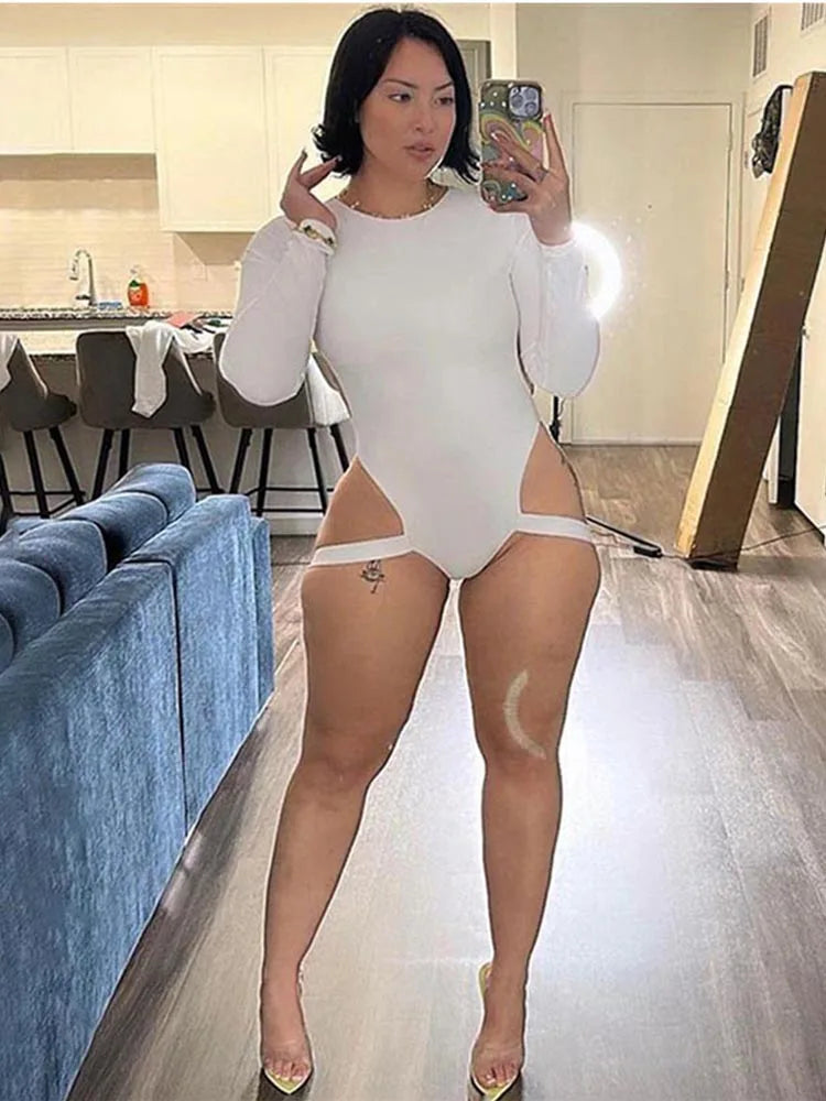 Weird Puss Hollow Backless Bodysuit Woman Summer Sexy Hottie Long-Sleeve Solid O-Neck Bandage Chic Bodyshape Skinny Clubwear Top