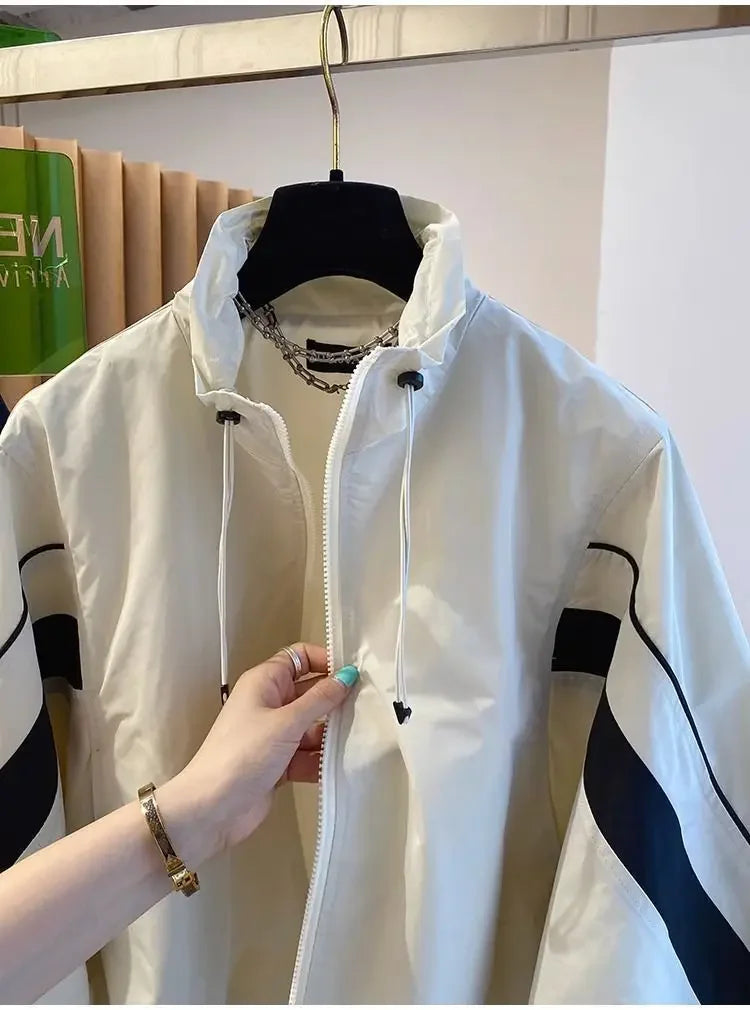 2024 New Design SensibilityNiche Loose-Fit Casual Drawstring Stand Collar Jacket Women's Spring Autumn Baseball Uniform