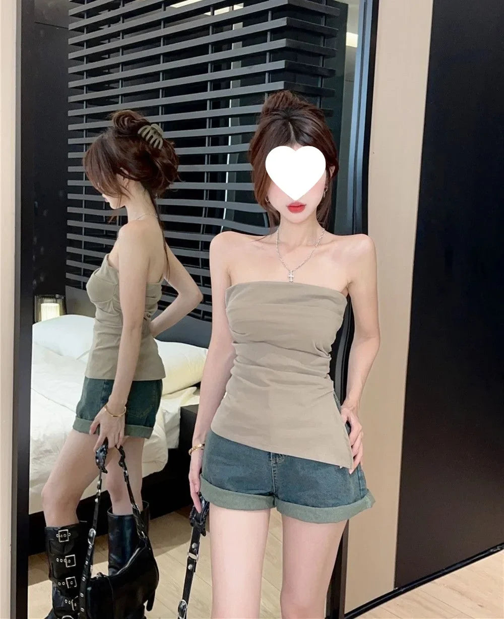 Sexy Open-Back Strapless Sleeveless T-Shirt Women's Spring Autumn Slimming Grey Top Cropped Outer Wear Base Wrap Chest