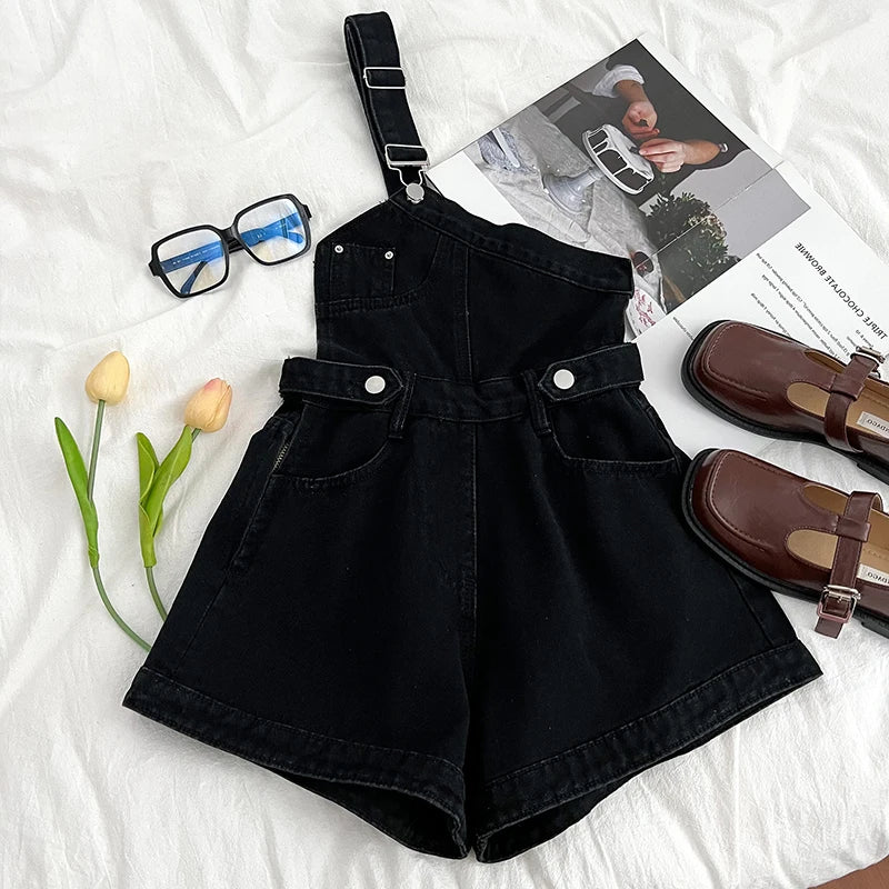 Casual Denim Jumpsuits Women Spring Summe Retro Short  Fashion  One-shoulder Wide Leg Pants 2024 New Cool Girls Streetwear