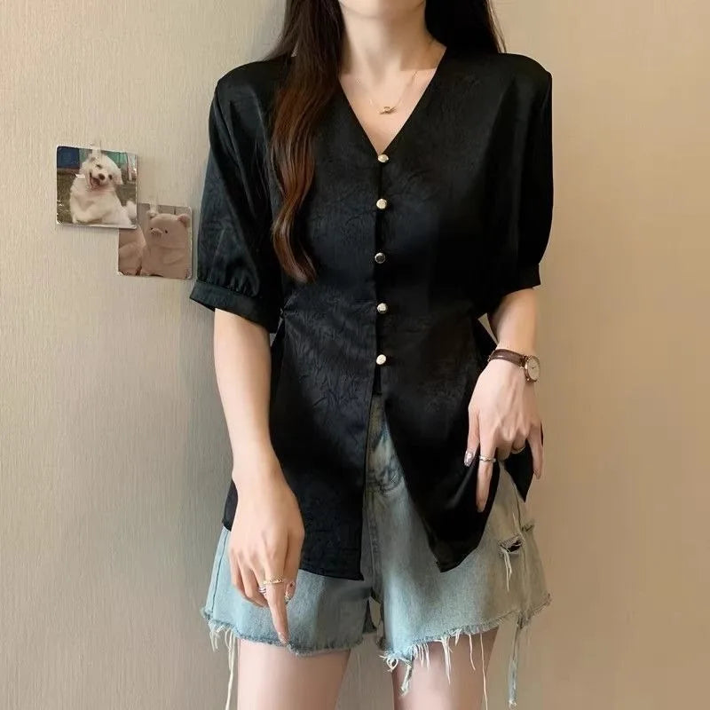 Women Clothes Summer Fashion Korean Button Solid Color V-neck Puff Sleeve Female Simplicity Elegant Temperament Short Sleeve Top