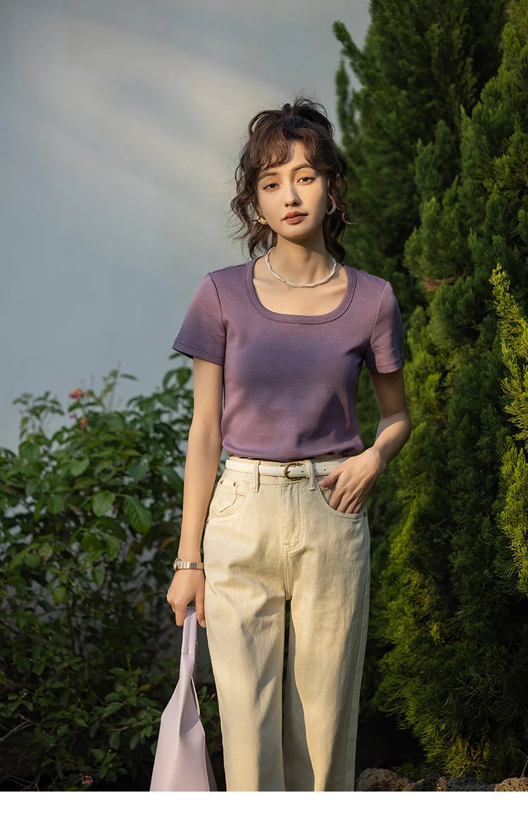 MISHOW Short Sleeve T-shirts Women Spring Solid Square-neck Top Elegant Woman Clothes Office Lady Cotton Tees MXC12T0641