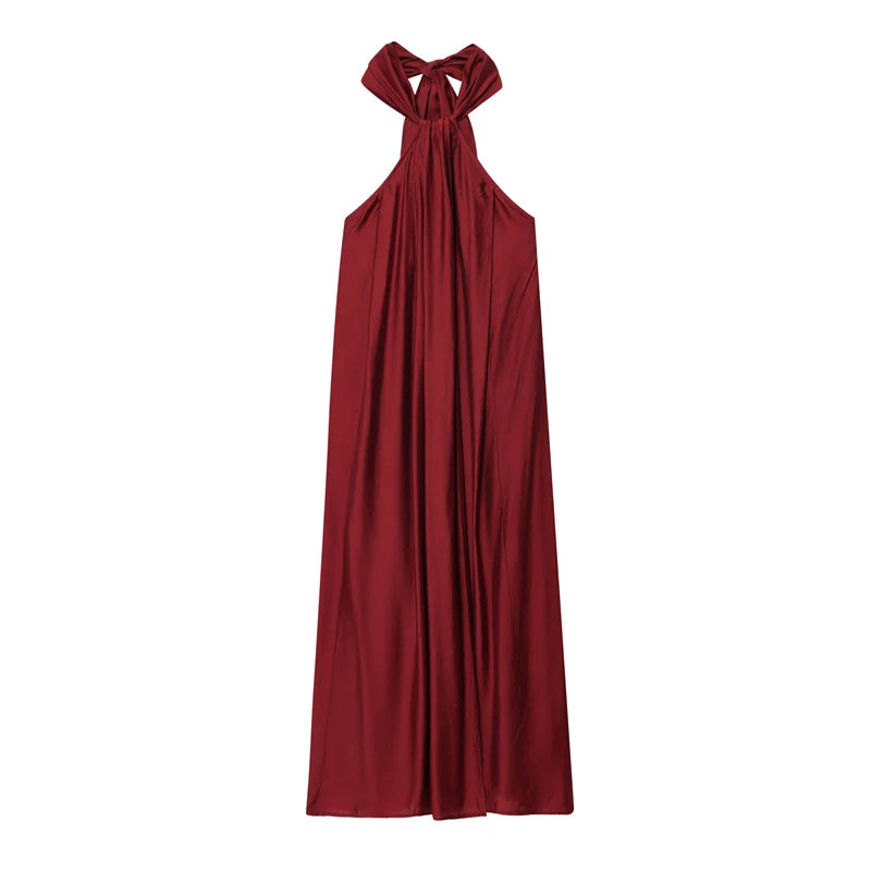 Elegant Halter Long Holiday Dress Women Loose Pleated Sleeveless Backless Slit Lace Up Party Dresses 2025 Summer Lady Beach Robe