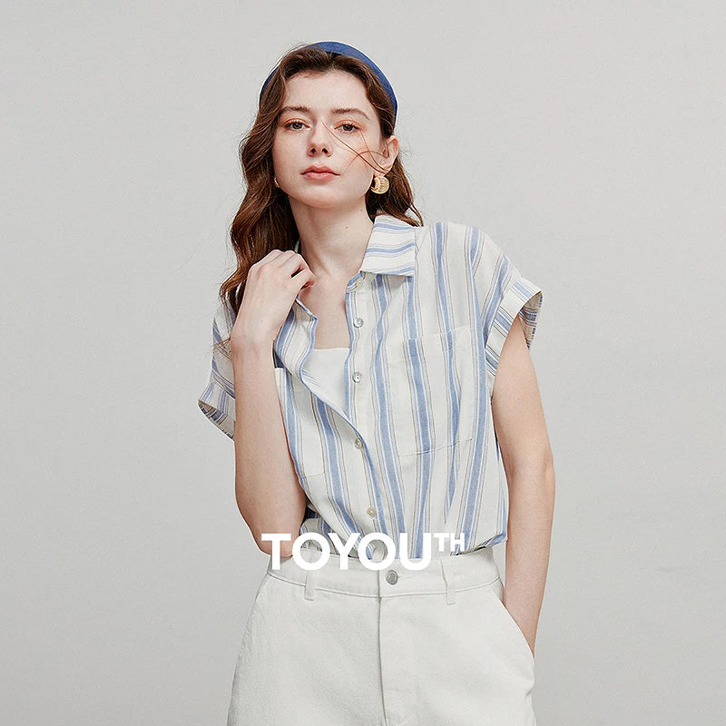 TOYOUTH Women Blouse Shirt 2025 Summer New Blue and White Striped Sleeveless Turn Down Collar Casual Shirt Tops 8522042
