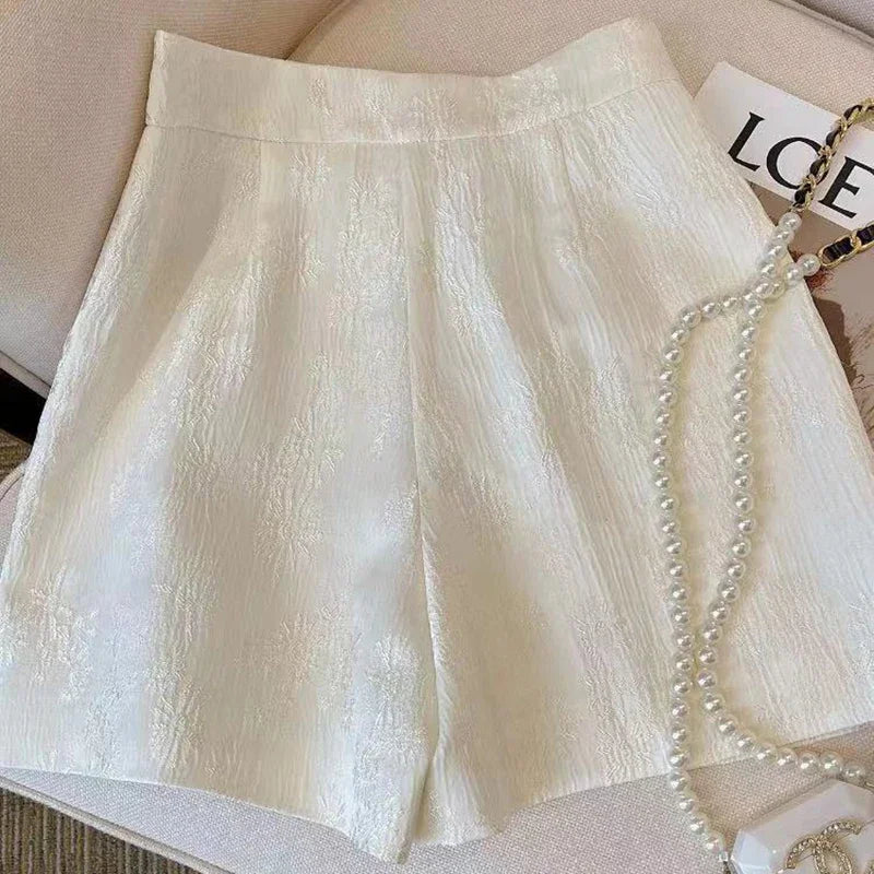 Vintage Jacquard Shorts Women Black Chic Harajuku High Waist Casual Straight Shorts Summer Elegant Pleated A Line Shorts New Ins