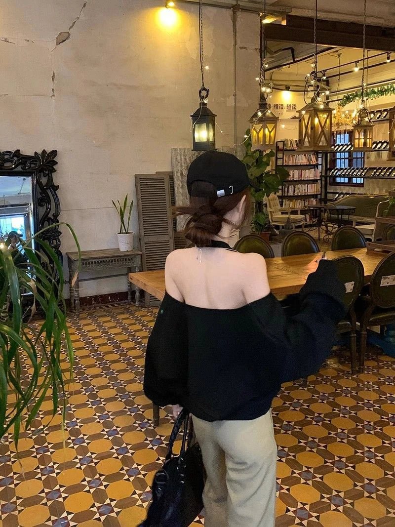 Zoki Sexy Halter Sweatshirt Women Streetwear Off Shoulder V Neck Pullovers Vintage Loose Backless Design Female Korean Tops New