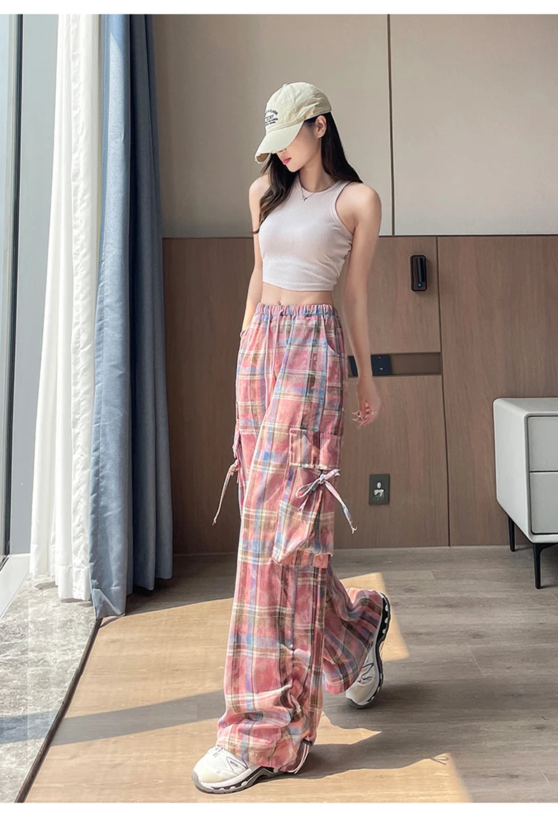 Zoki Women Streetwear Plaid Cargo Pant Vintage Loose High Waist Pockets Trousers Y2K American Casual Hip Hop Lace Up Bf Pants