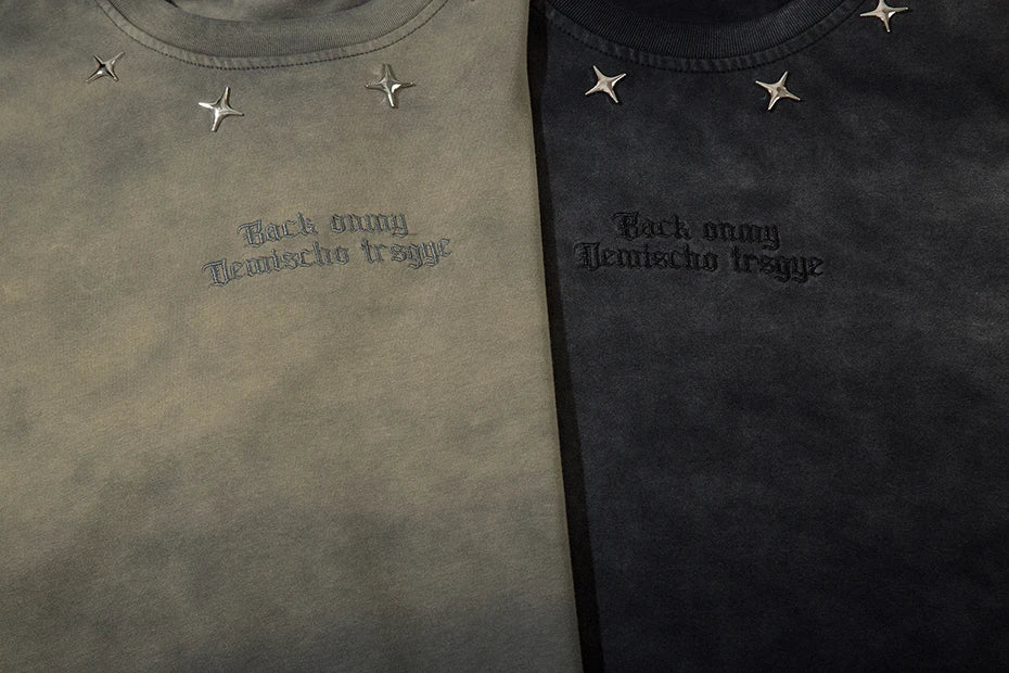 Distressed Ripped T Shirts Metal Star Tee Emrboidery Vintage Loose Tshirt 2025 Men Harajuku Streetwear Oversized Hip Hop T-shirt