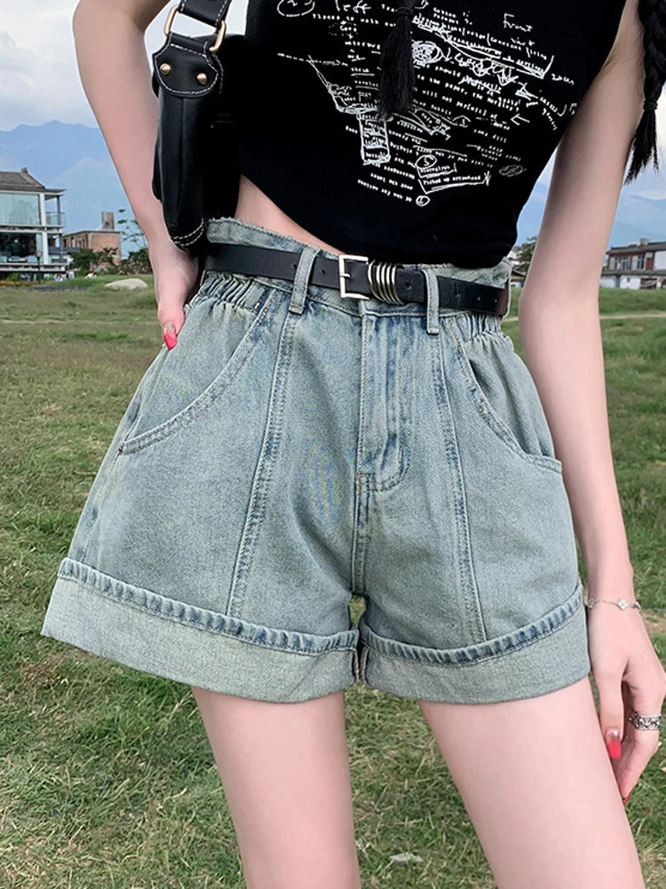 Women's Wine Red Denim Shorts High Waist Wide Shorts Harajuku Streetwear Korean Style Y2k Casual Blue A Line Jean Shorts Summer