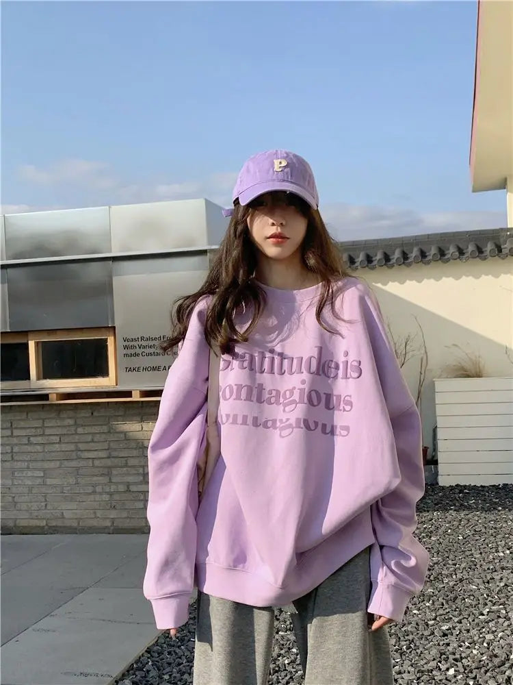 Oversize Round Neck Women's Hoodie Purple Spring and Autumn Thin Loose 2024 New Long Sleeved Top Plus Size Jacket