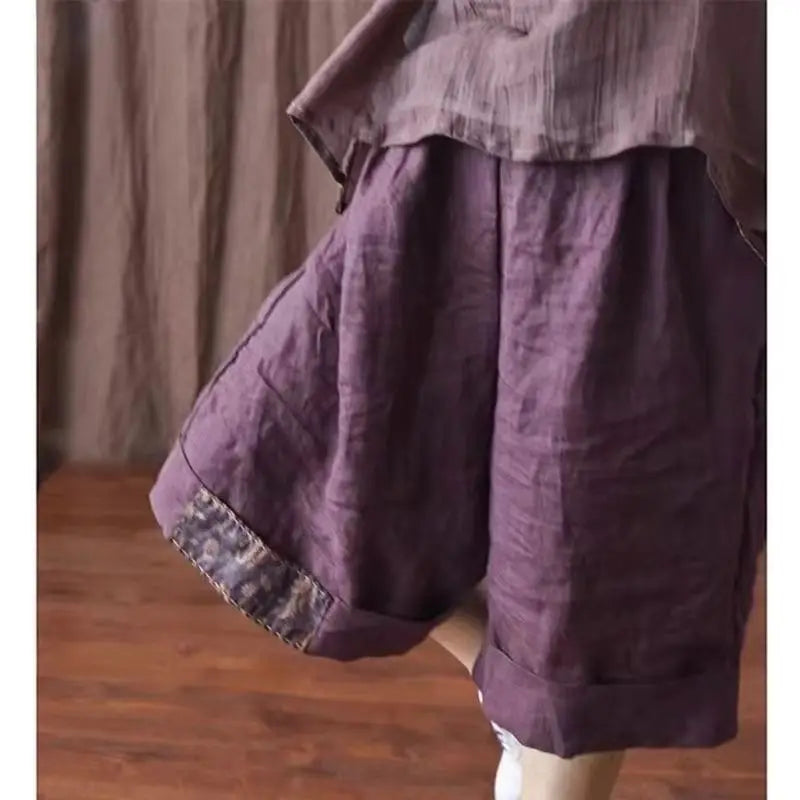 Women Retro Ethnic Style Patch Oversize Cotton Linen Short Pants Summer Female Casual High Waist Beach Shorts Pantalones Cortos