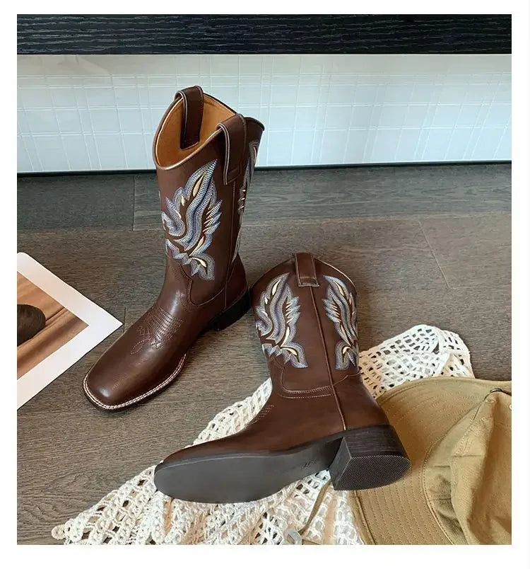 Fall Women Mid-calf Boots 2025 Vintage Leather-covered Brown Western Cowboy Boots Embroidered Chunky Heel Thigh-high Knight Boot