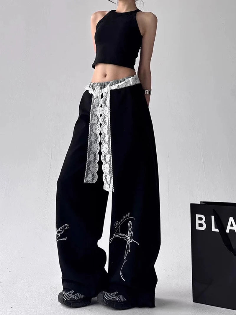 Zoki Vintage Bufferfly Y2K Sweatpants Women Loose High Waist Lace Patchwork Pants Streetwear Retro Casual Bf Harajuku Trousers