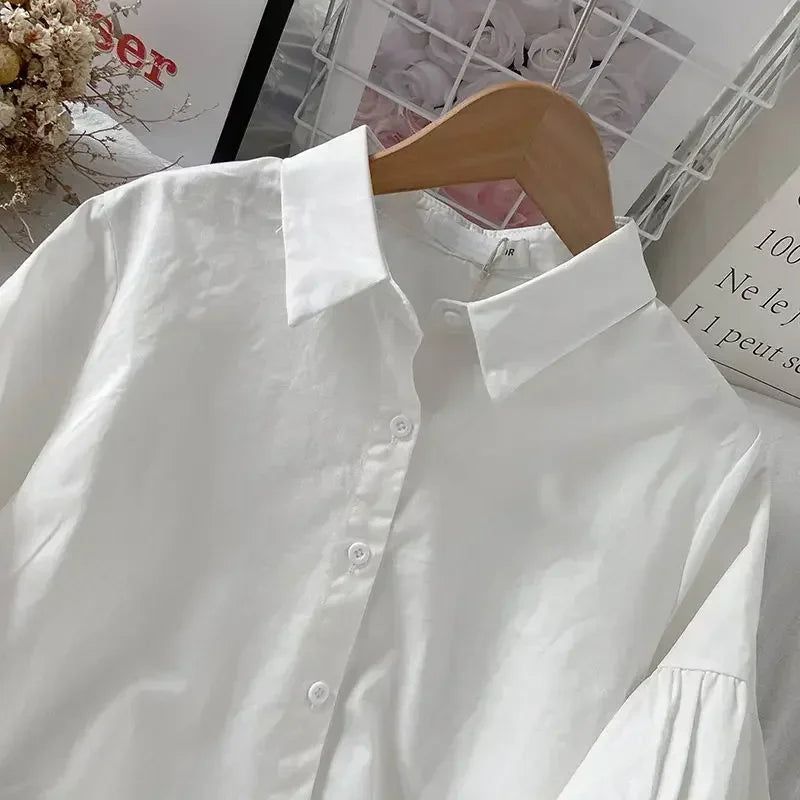 2024 Puff Sleeve Shirts Women White Turn Down Collar Preppy Sense of Design Chic Female Tops Korean Fashion Simple Summer Blouse