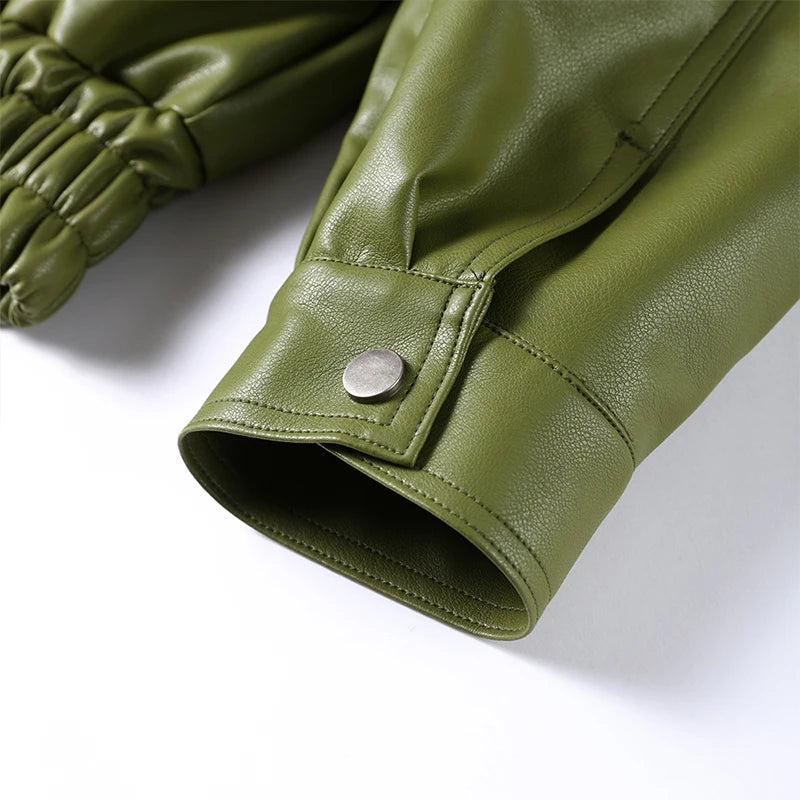 Fashion Green PU Leather Jacket Women Laple Zipper Loose Full Sleeve Single Breasted Cropped Coat 2024 New Lady Solid Streetwear