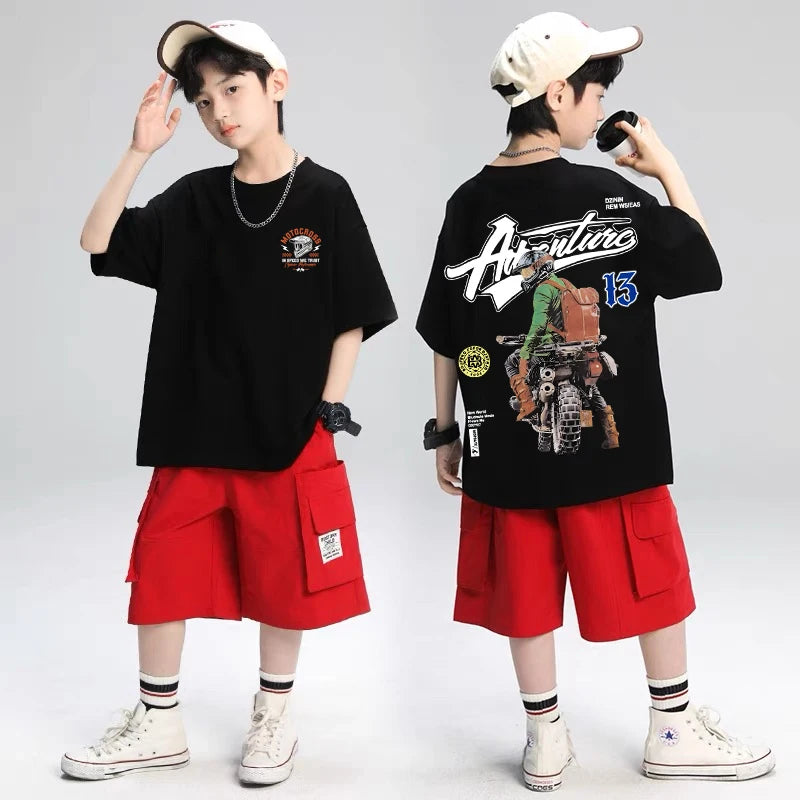 Korean Children's Clothes 2025 Boys Motorcycle Graphic T-Shirt Summer Short Sleeve 100% Cotton Loose Children Top Kids Clothes