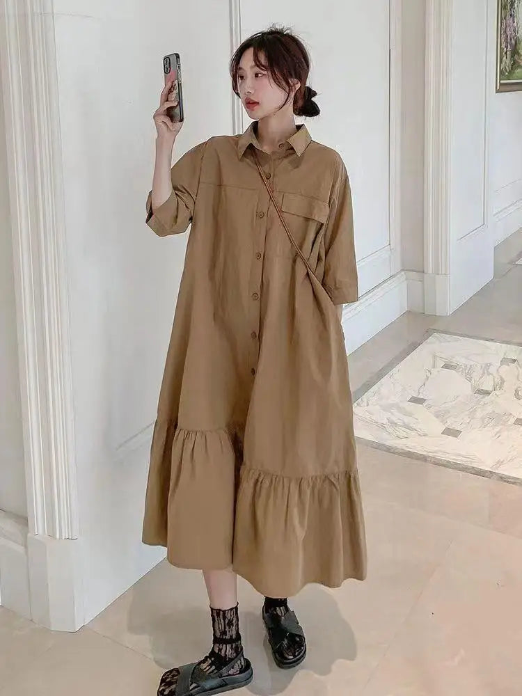 plus Size Khaki Shirt Dress Women Casual Summer Loose Fit High Waist A-Line Skirt Long Sleeve Polo Collar Polyester Fiber