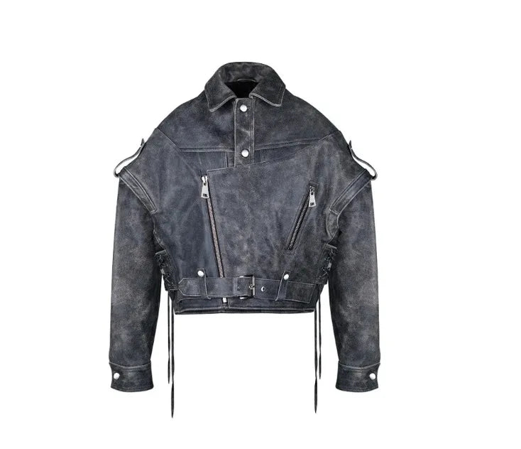 TARUXY Retro Braid Leather Jacket Coat For Women Lace Up Splice Motorcycle Style Short Jackets Long Sleeve Slim Streetwear Coat