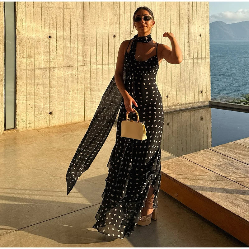 Retro Polk Dot Long Dress With Ribbon Women Sexy Low Cut Sleeveless Pleated Slim Evening Dresses Female Spring Chic Street Party