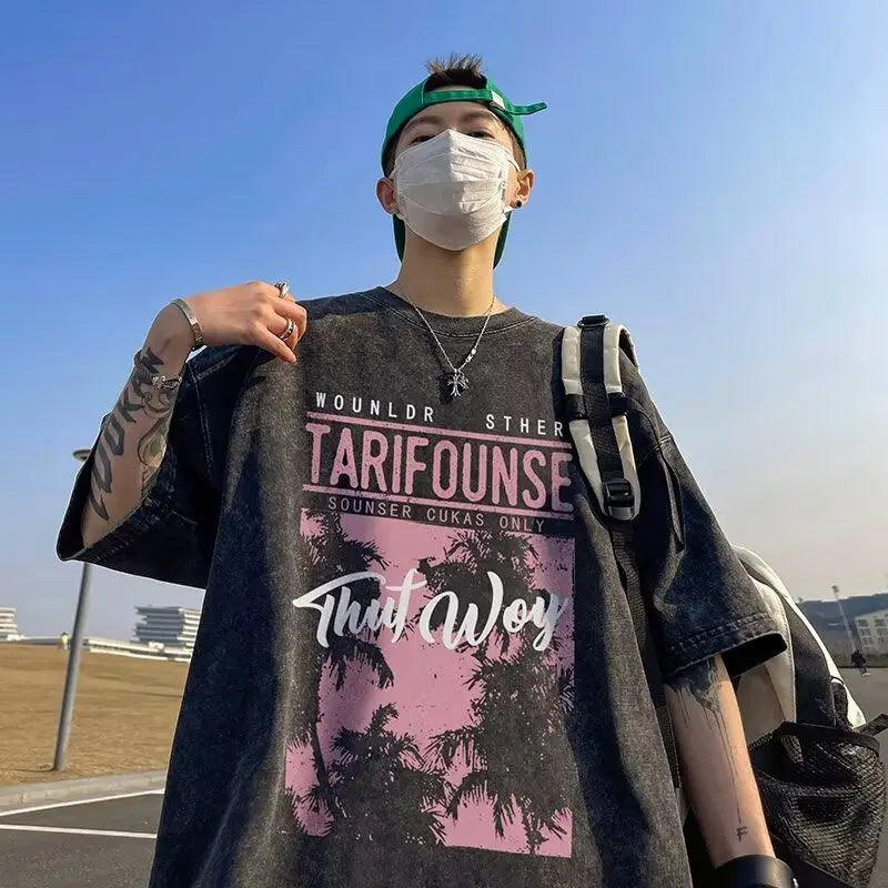 Washed Vintage American Men's And Women's Summer T-Shirts Cotton Crew Neck Breathable Comfortable  Tops For Daily Wearing