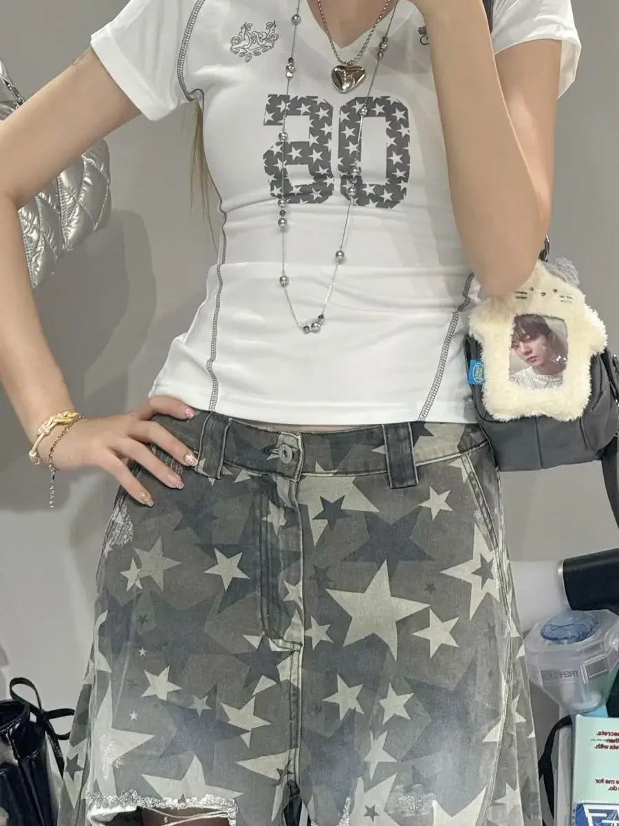 Women's Star Hole American Y2k Washed Distressed Jeans Retro Camouflage Oversized Trend Street Loose Slimming Wide Leg Pants