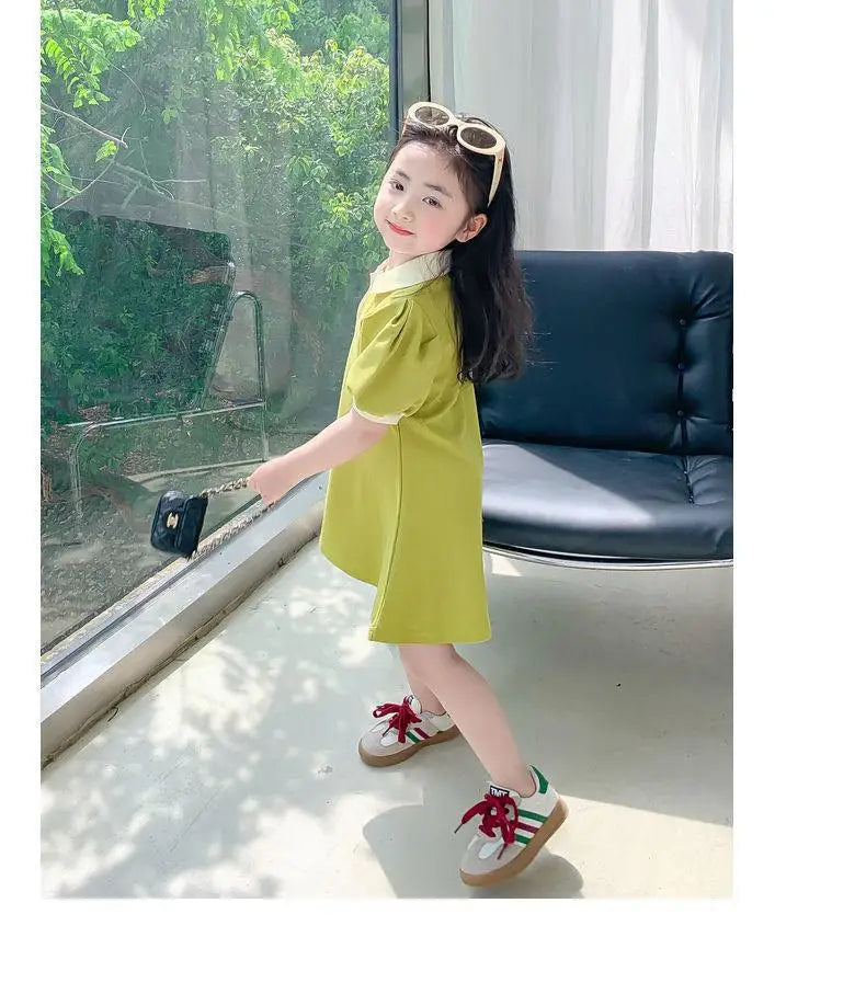 2024 New Children's Summer Dress Girl's Korean Edition love Bubble Sleeves Flip Collar Dress 1-12 Year Old Princess Dress