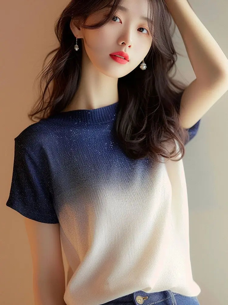 Women Clothes Summer Fashion Korean All-match Fashionable Appear Thin Ice Shreds Gradient Color Temperament Short Sleeve Tshirt