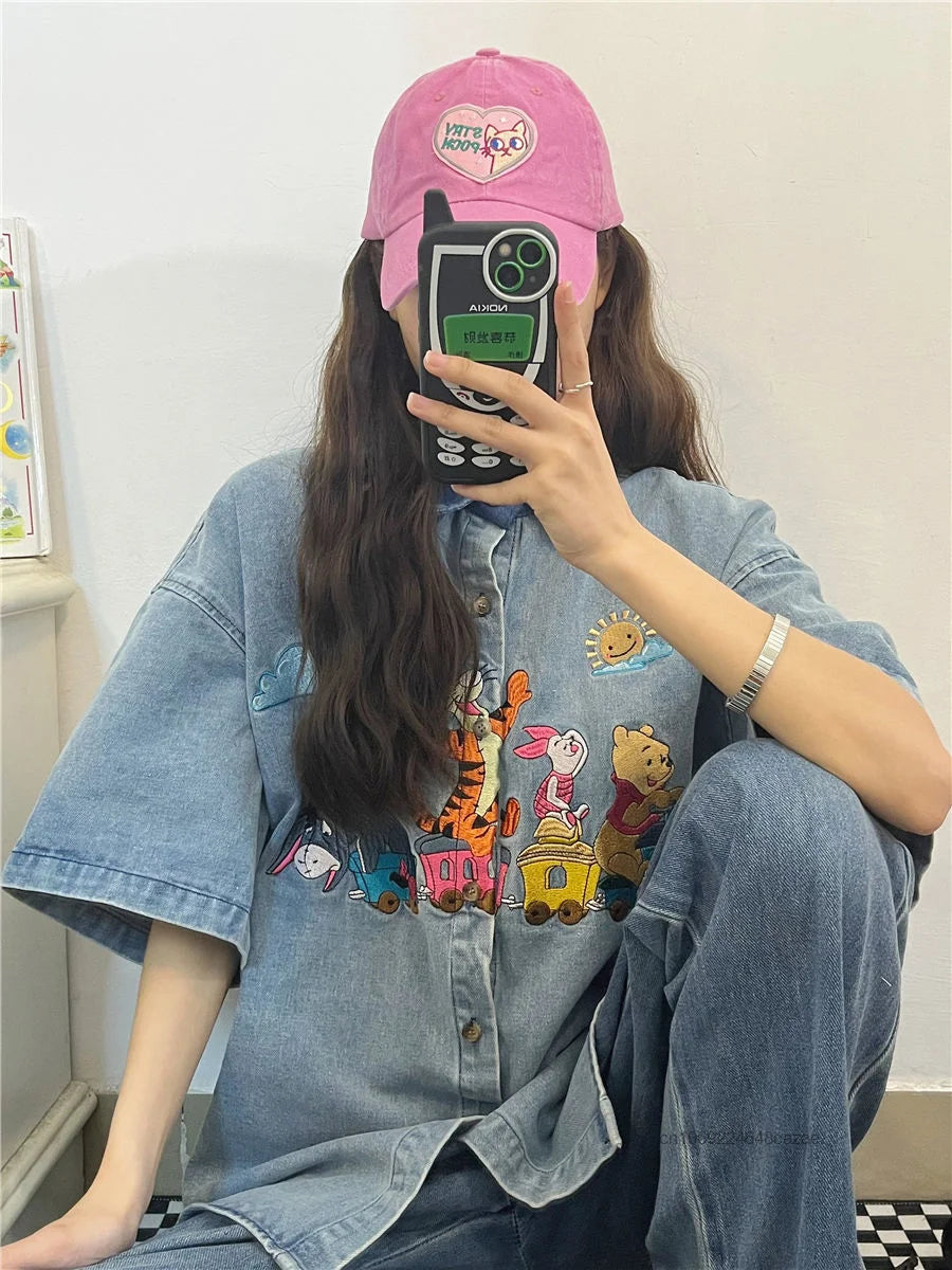 Disney Winnie The Pooh Antique Style Niche Childlike Fun Embroidery Denim Shirt Womem's Summer Loose Shirt Casual Versatile Top