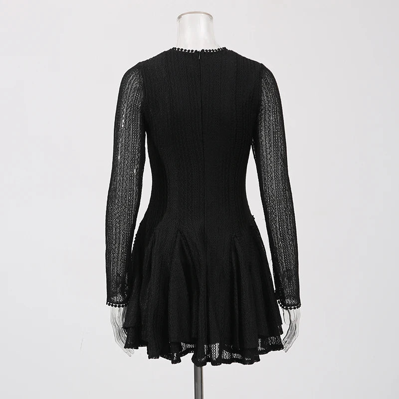 TWOTWINSTYLE Solid Hollow Out Slimming Dresses for Women O Neck Long Sleeve High Waist Temperament Dress Female Fashion