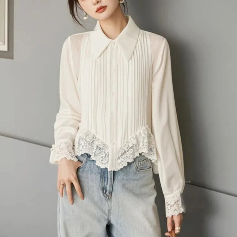 Spring Autumn New Solid Color Turn-down Collar Long Sleeve Fashion Shirt Women High Street Casual Button Patchwork Lace Cardigan
