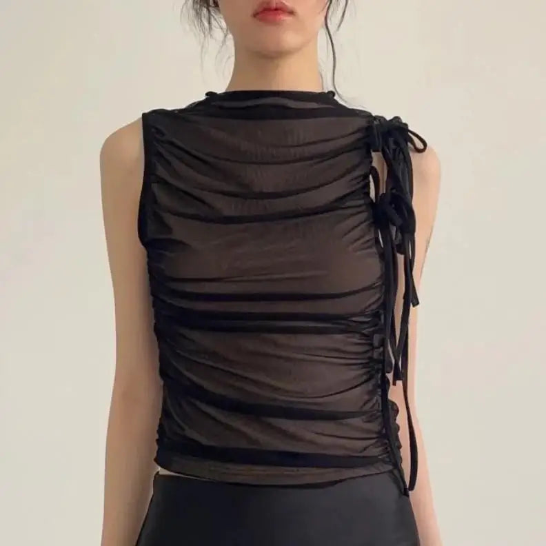 Tonngirls Vintage Tank Tops Women Sleevelss See Through Mesh Tops Streetwear Y2k Retro Crop Tops 2000s Korean Style Summer Tops