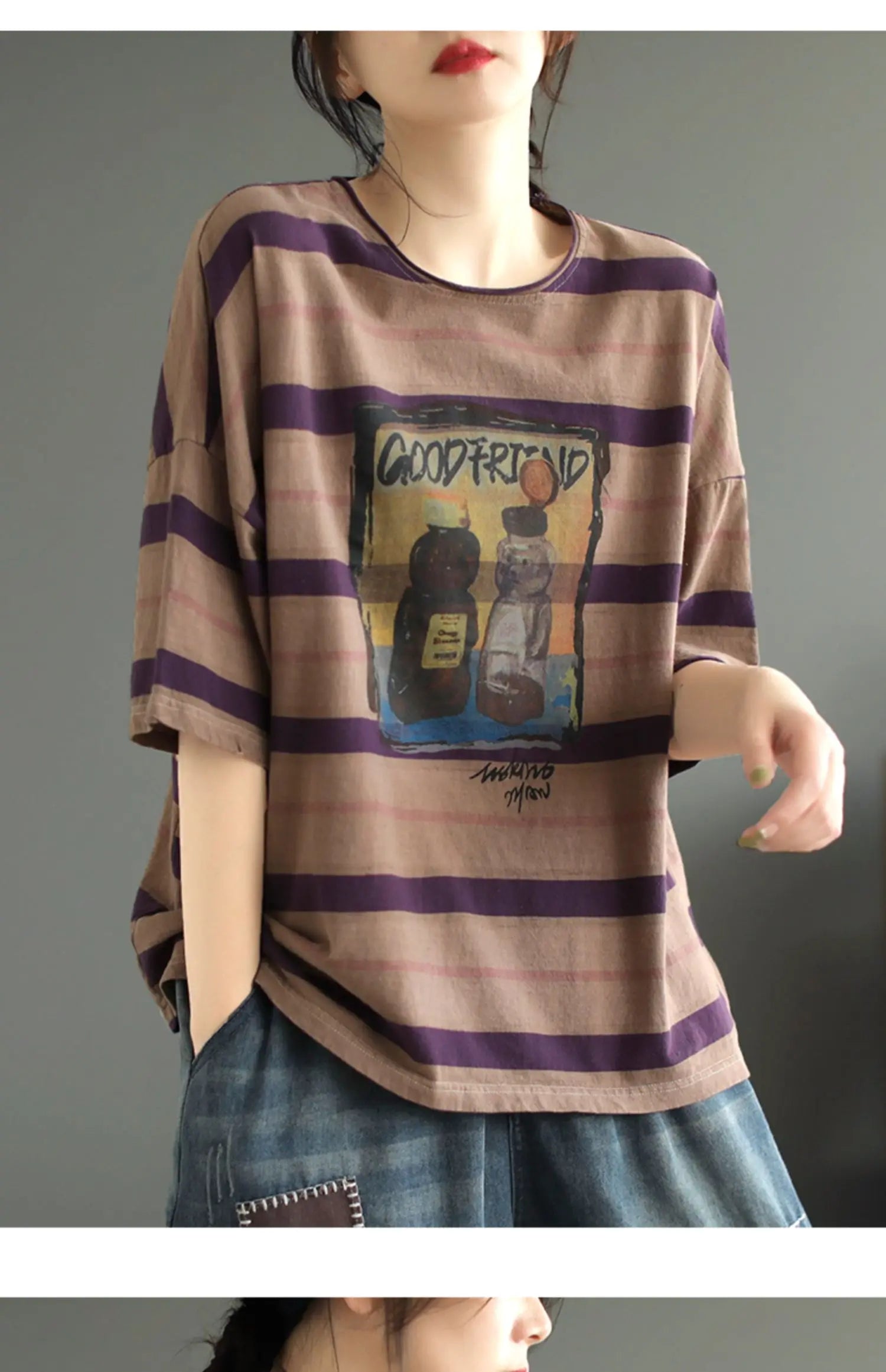 plus Size Women's Cotton T-irt ort Sve Slimming Top Summer Street Sle Printed round Ne Loose Fit Casual Wear