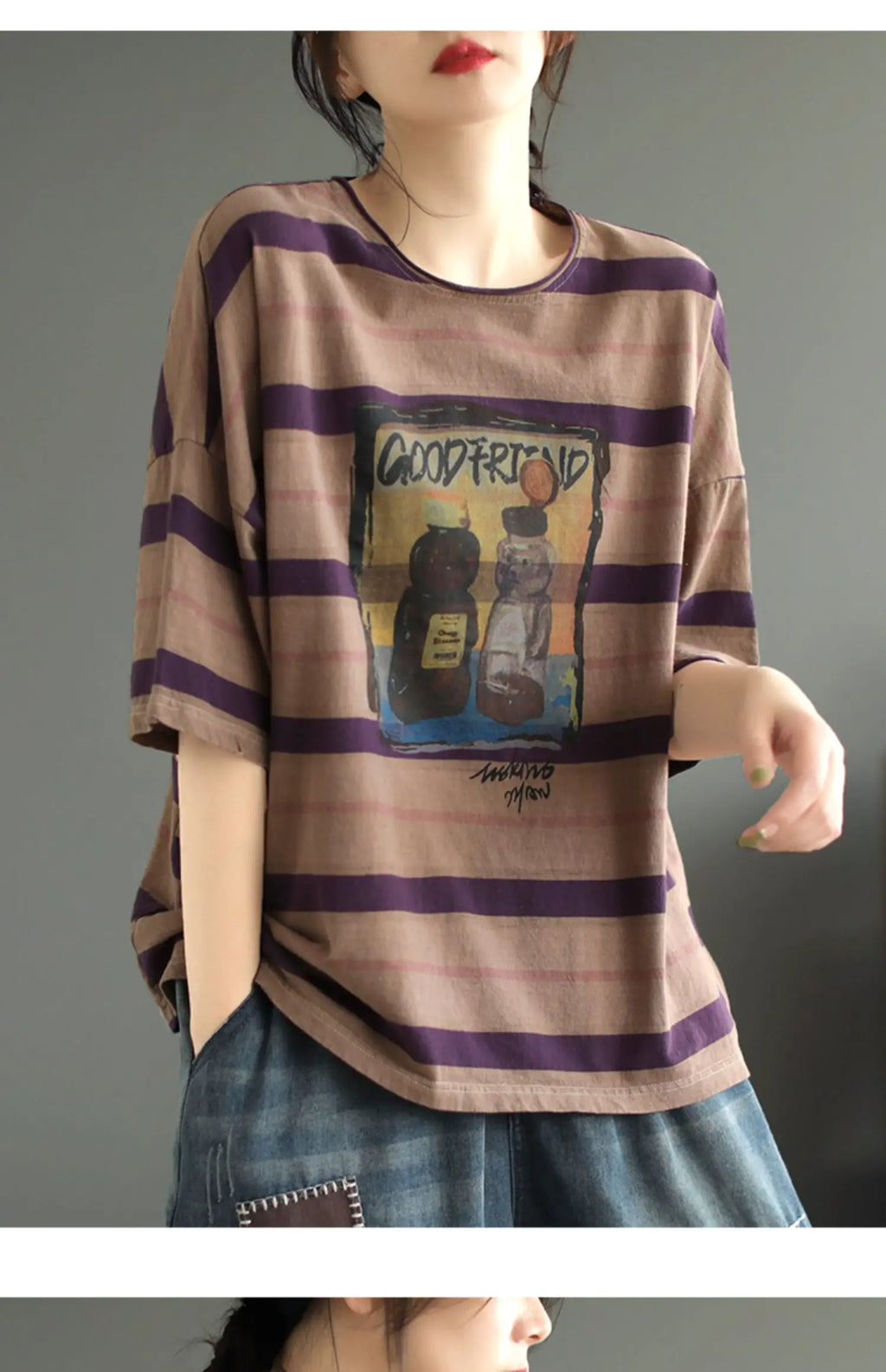 plus Size Women's Cotton T-irt ort Sve Slimming Top Summer Street Sle Printed round Ne Loose Fit Casual Wear