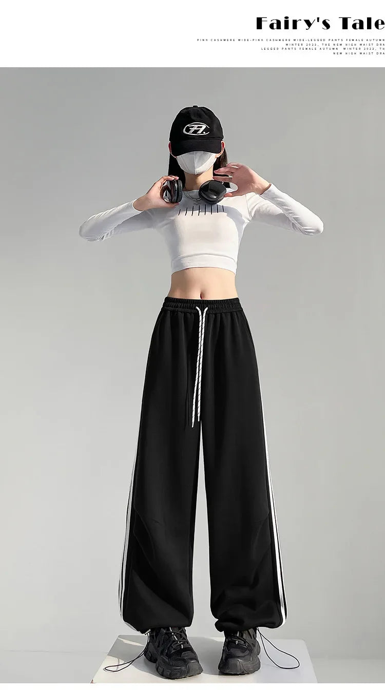 New 2025 American Stripe Sports Pants Women's Spring Autumn Wide Leg Loose Jazz Dance Casual Parachute Long Trousers